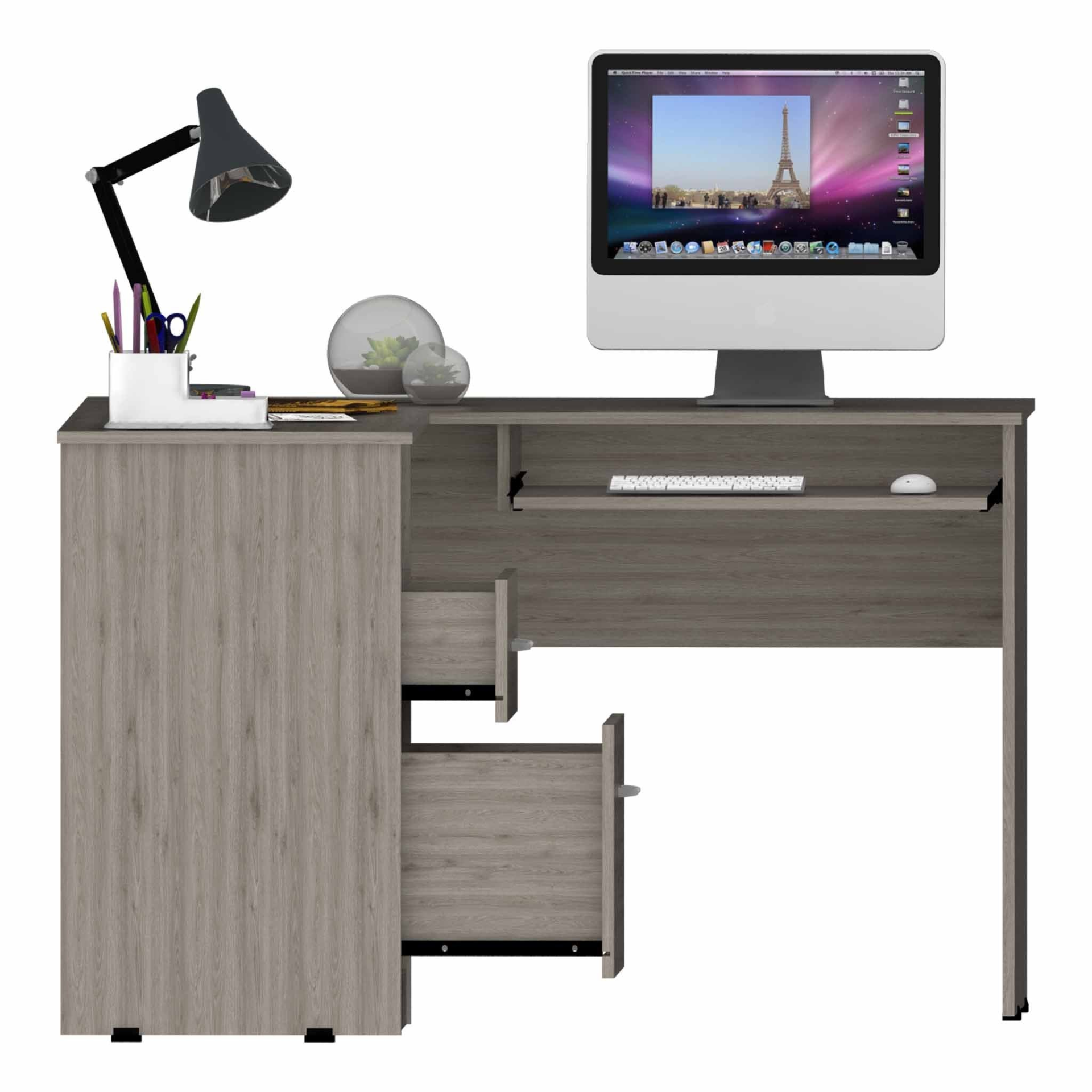 Idra L-Shaped Desk, Keyboard Tray, Two Drawers, One Open Shelf