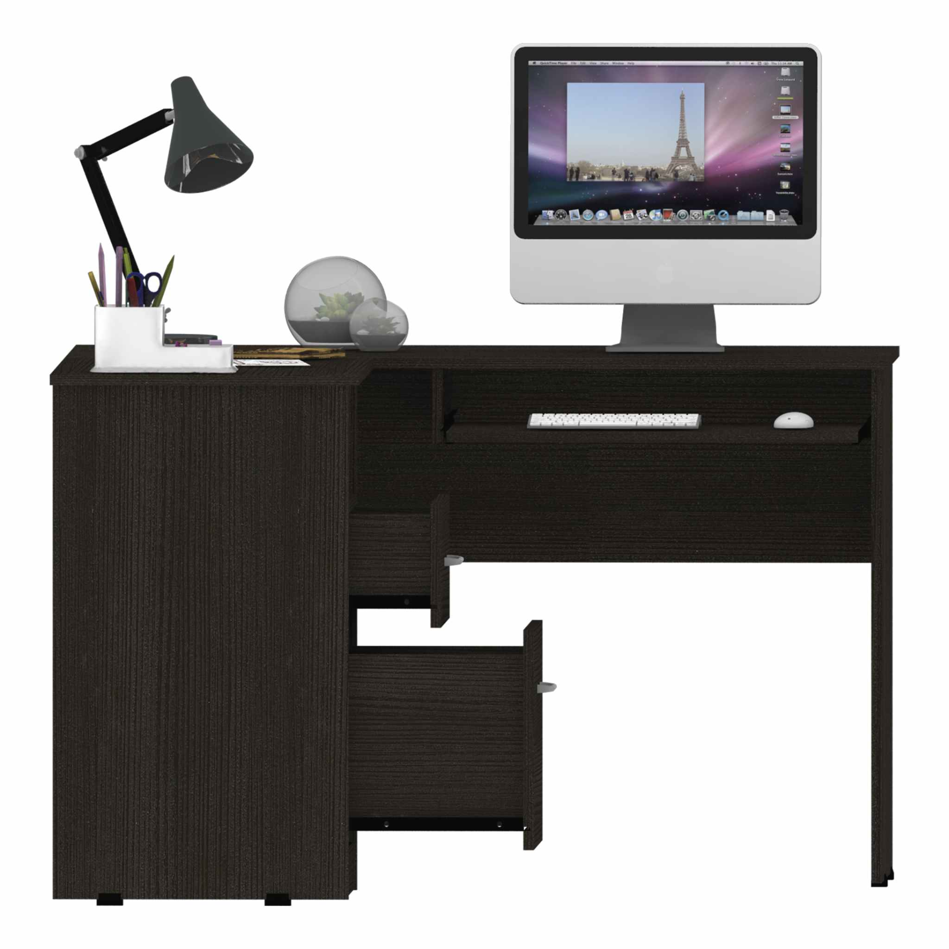 Idra L-Shaped Desk, Keyboard Tray, Two Drawers, One Open Shelf