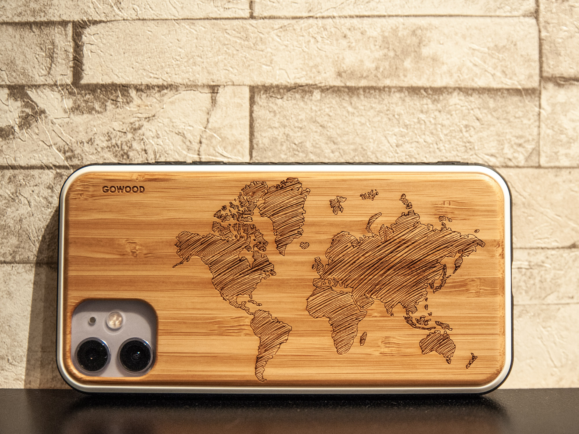 iPhone 11 Pro wood case world map engraved bamboo backside with TPU bumper