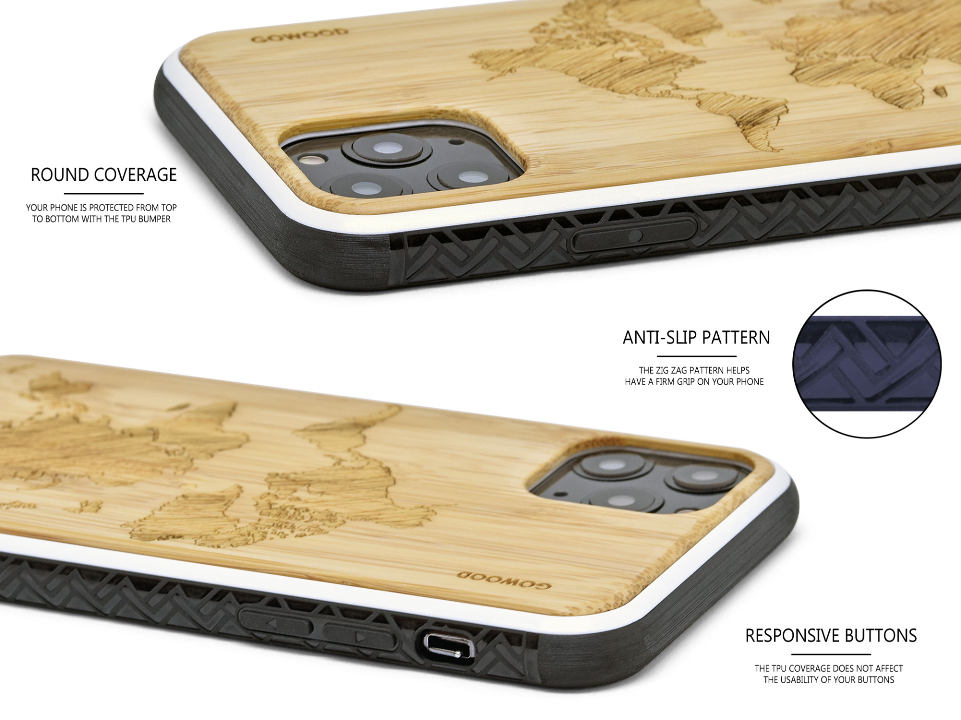 iPhone 11 Pro wood case world map engraved bamboo backside with TPU bumper